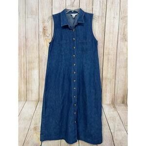 Vtg 90s Lands End Denim Dress‎ Sleeveless Button-Down Collared Sz 14 Cottagecore
